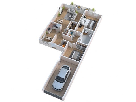 the bedroom floor plan of a 3d house with a car